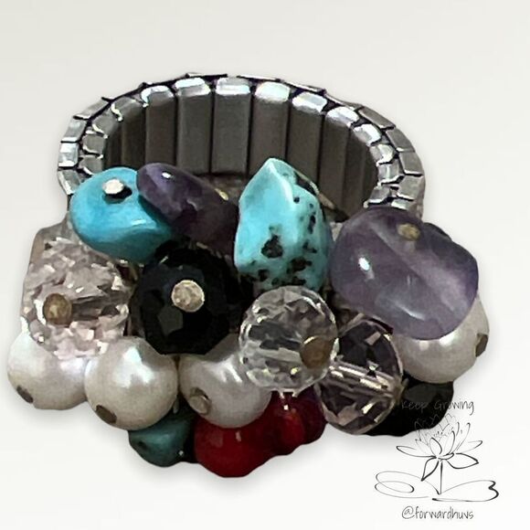 Pearl Turquoise and Amethyst Stretch Ring - Picture 4 of 8